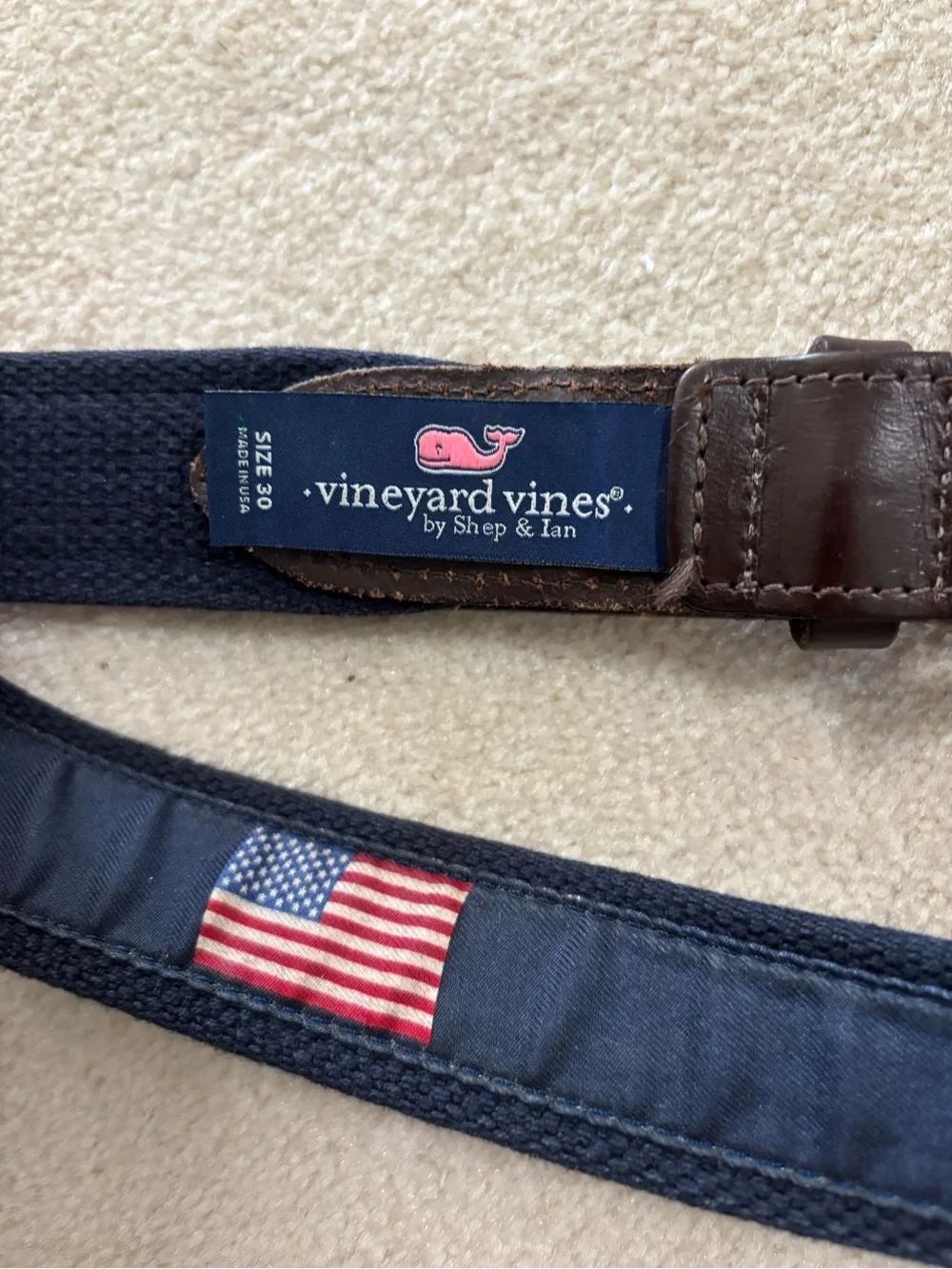 Vineyard Vines Navy Ribbon Belt with Brown Leather & Brass Buckle size 30
